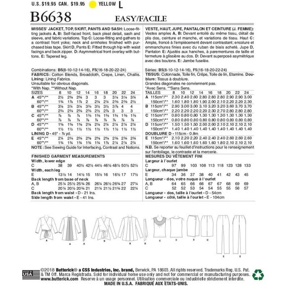 Butterick Sewing Pattern 6638 Jacket Top Pants Skirt Womens Size 8-16 - Picture 2 of 10